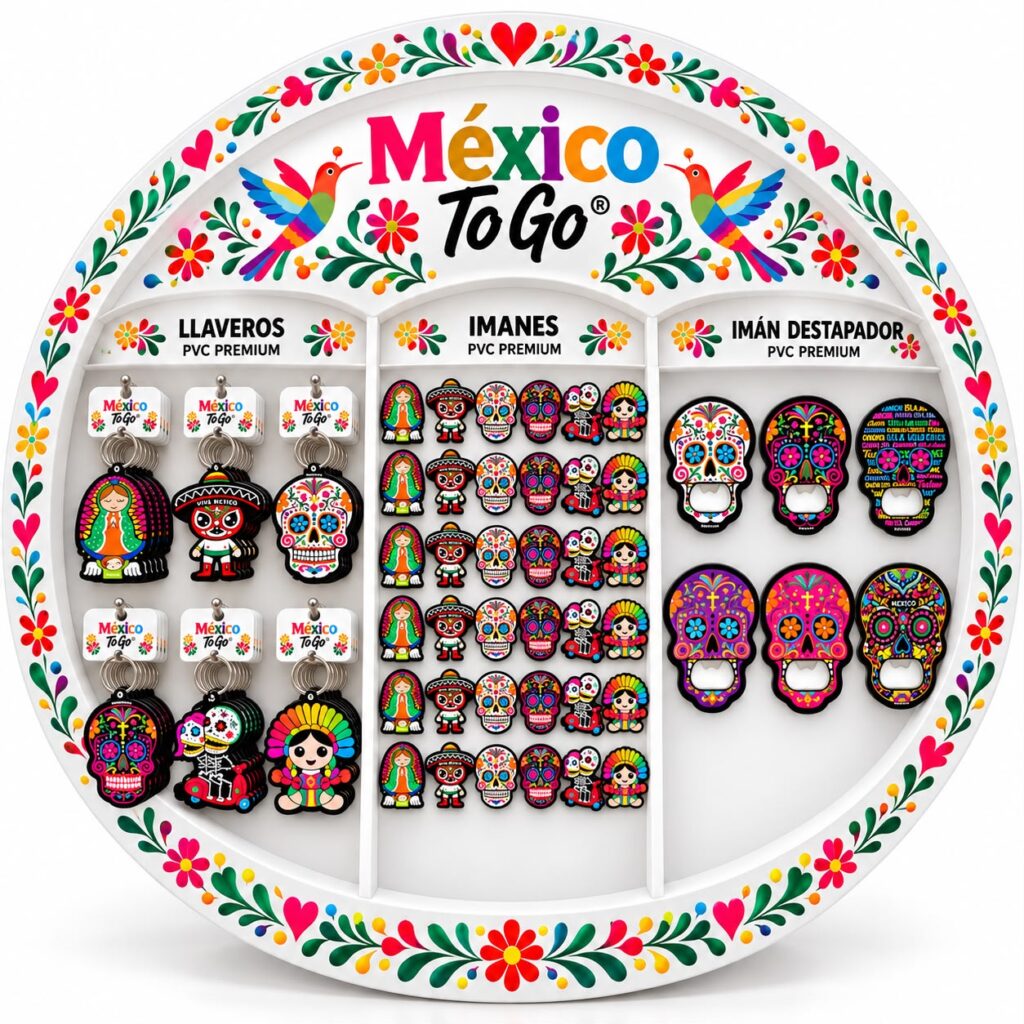 Exhibidor Mexico To Go con llaveros, imanes y destapadores de PVC premium
