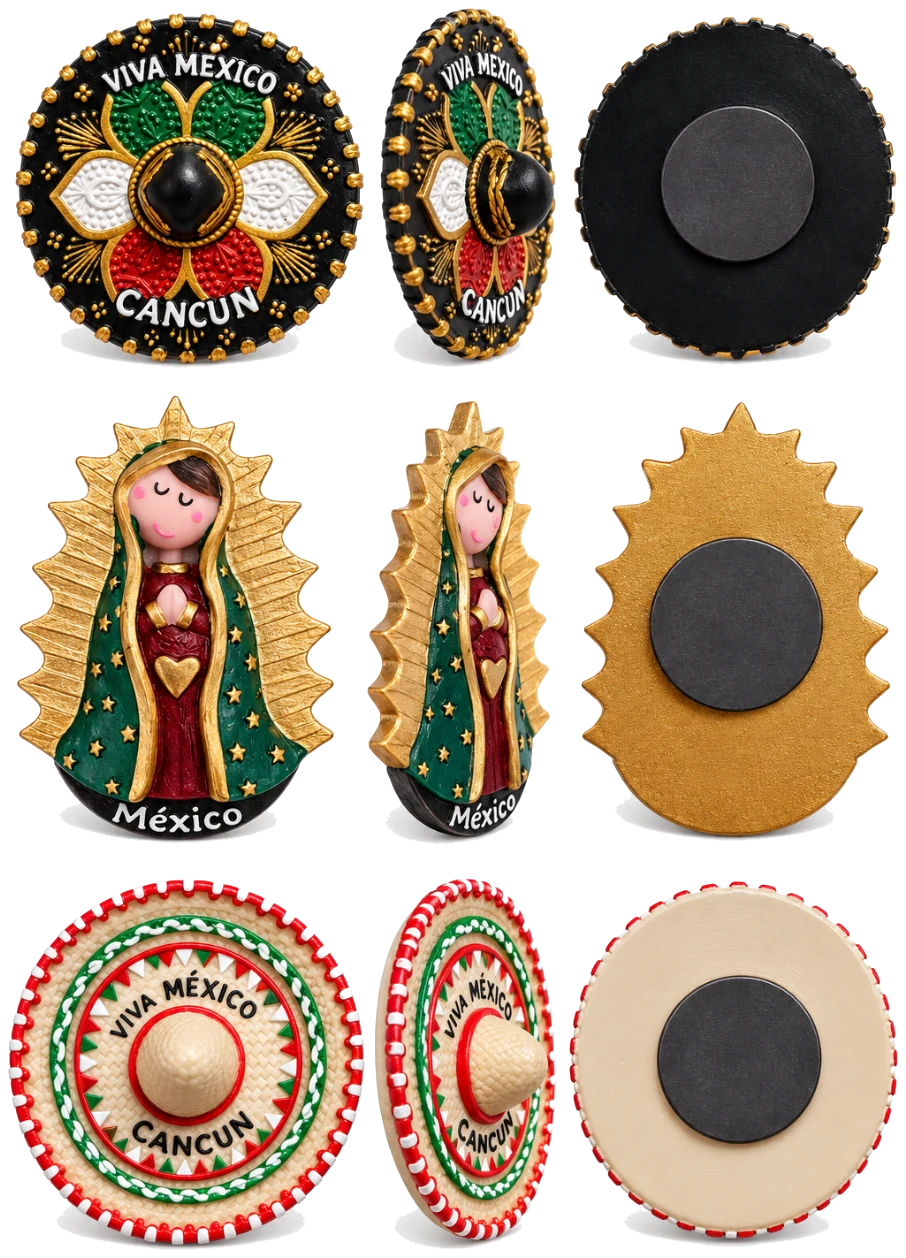 Imanes de resina pintados a mano vistos de frente, de lado y por detrás